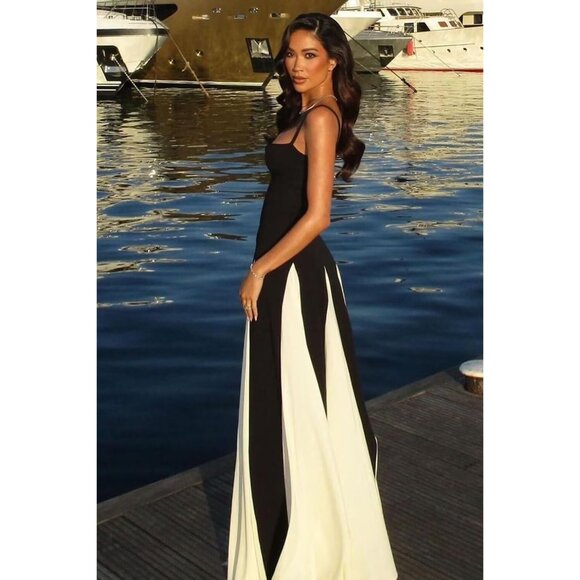 Women Spaghetti Straps Satin Maxi Dress Party Wedding Guest Black White - Picture 3 of 8